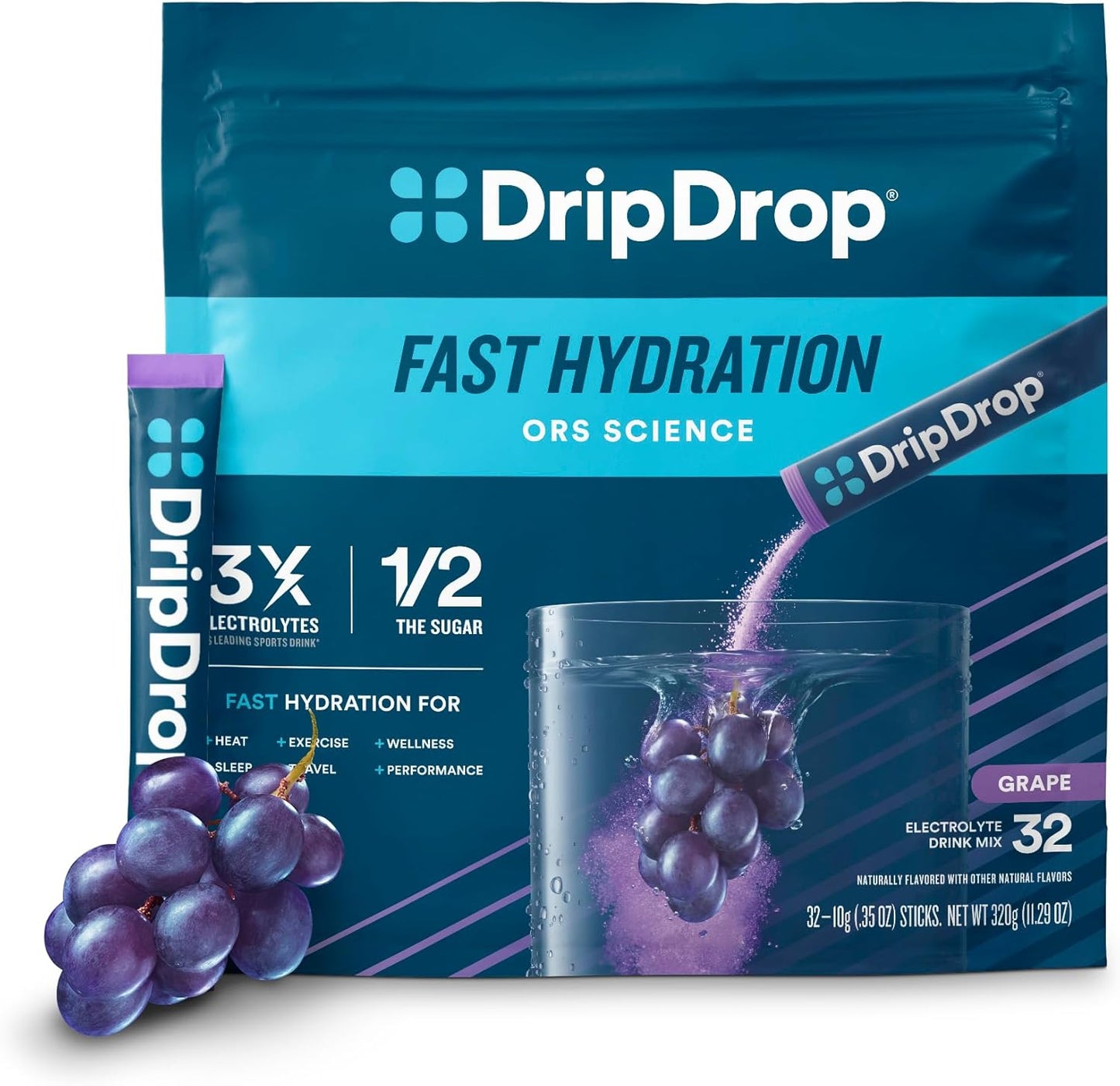Grape DripDrop Hydration Electrolyte Drink Mix Single Serve Packets - 32 Sticks | Non-GMO, Gluten Free, Vegan
