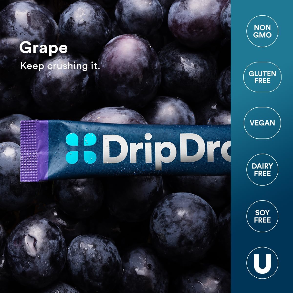 Grape DripDrop Hydration Electrolyte Drink Mix Single Serve Packets - 32 Sticks | Non-GMO, Gluten Free, Vegan