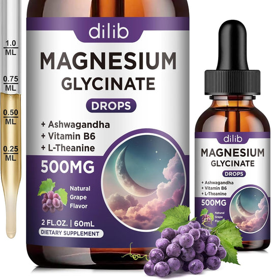 Grape Flavored Magnesium Glycinate Liquid Drops with Vitamin B6 for Sleep, Stress, Energy, Mood - 500mg, 2 FL.OZ