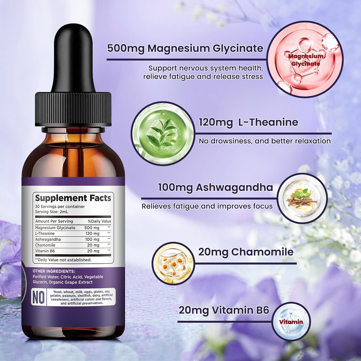 Grape Flavored Magnesium Glycinate Liquid Drops with Vitamin B6 for Sleep, Stress, Energy, Mood - 500mg, 2 FL.OZ