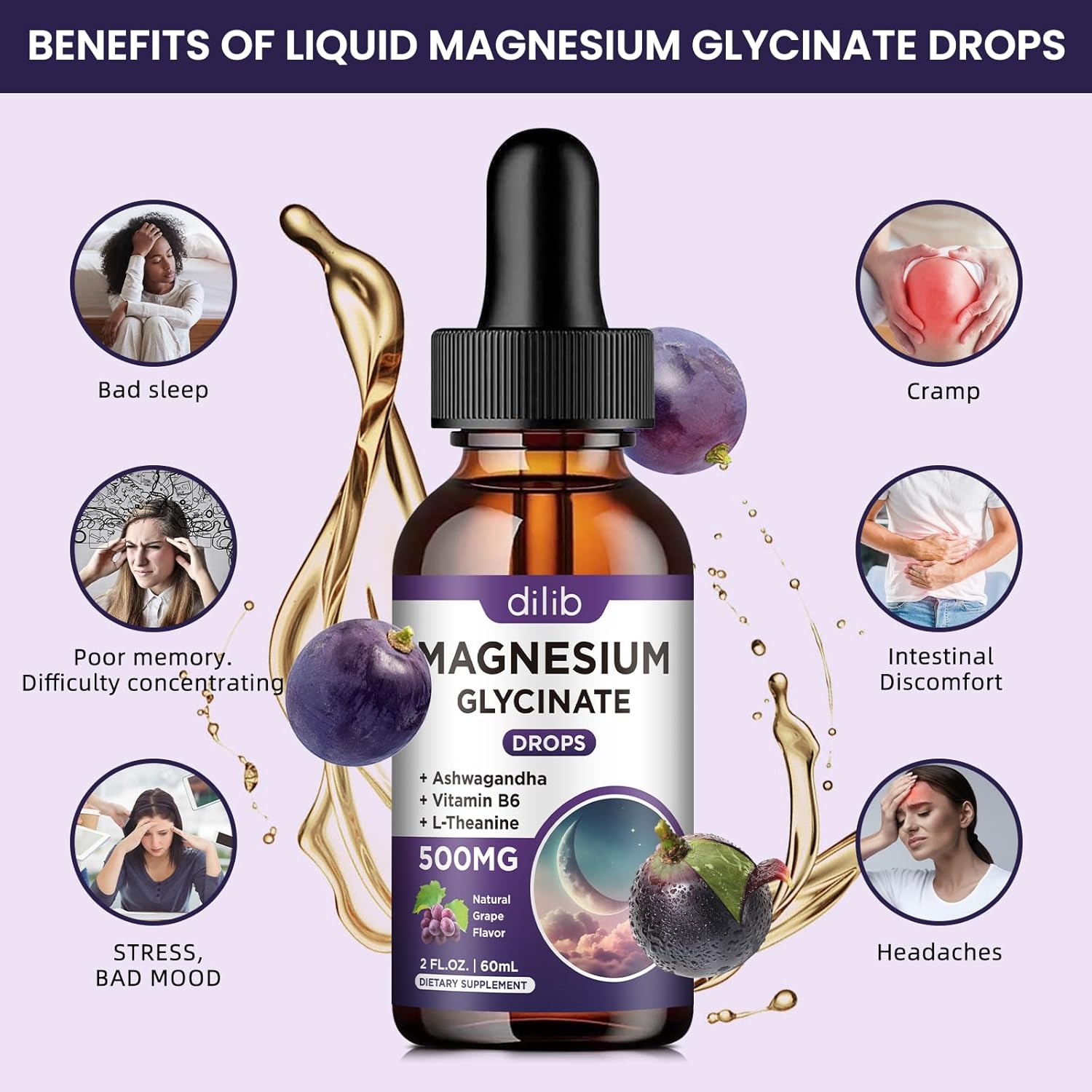 Grape Flavored Magnesium Glycinate Liquid Drops with Vitamin B6 for Sleep, Stress, Energy, Mood - 500mg, 2 FL.OZ