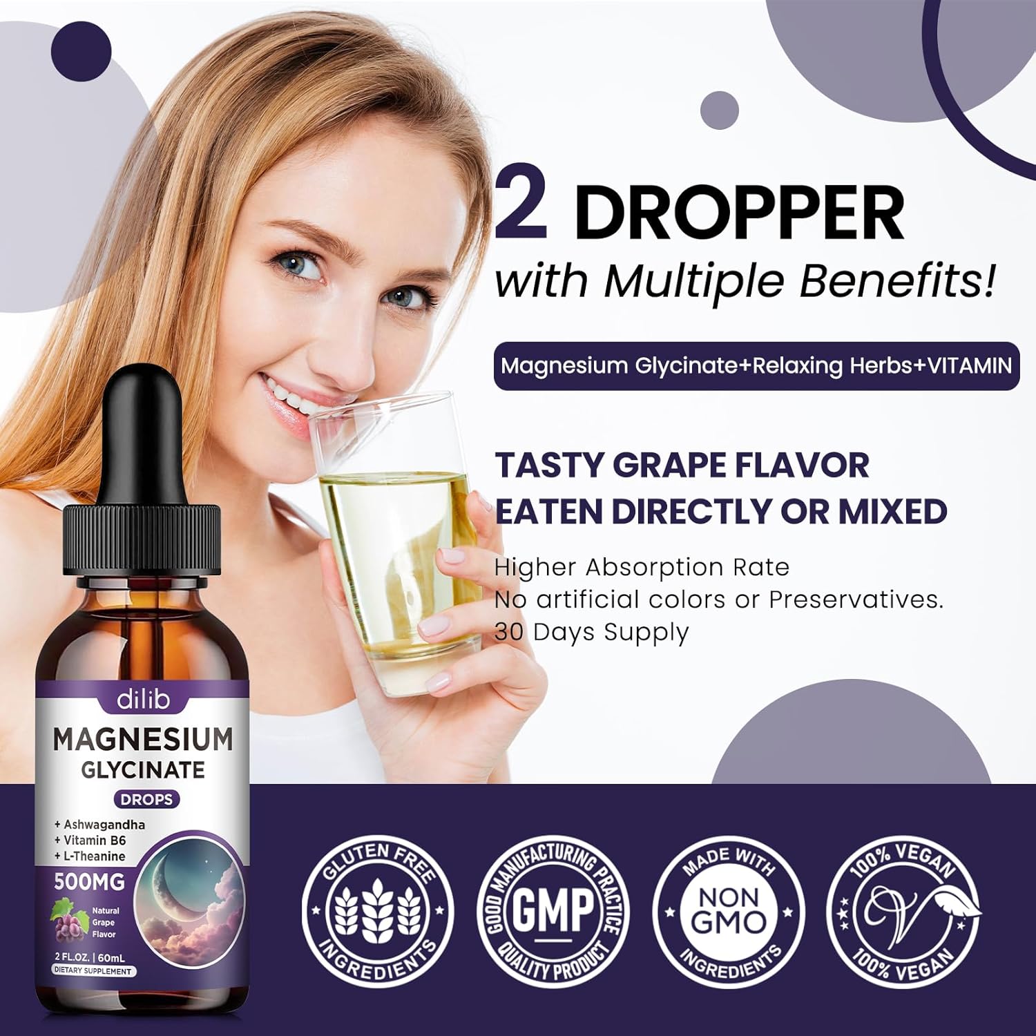 Grape Flavored Magnesium Glycinate Liquid Drops with Vitamin B6 for Sleep, Stress, Energy, Mood - 500mg, 2 FL.OZ