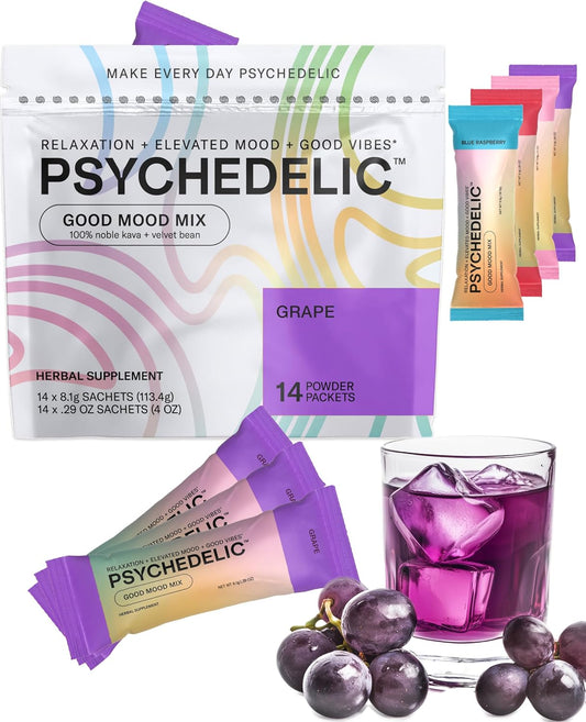 Grape Flavored Psychedelic Water Mix with Kava and Mucuna Pruriens - Calming Adaptogen Drink Packets - Single-Serving Stick Packs - Non Alcoholic Mocktails