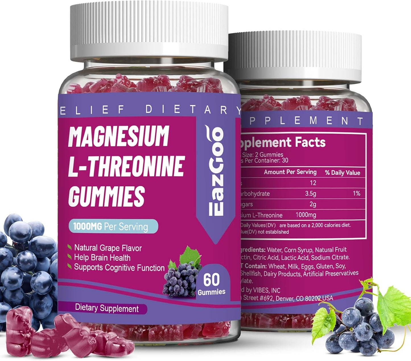 Grape Magnesium Threonate Gummies 1000mg for Adults - Vegan & Gluten-Free Brain Supplement with L-Threonine - 120 Count