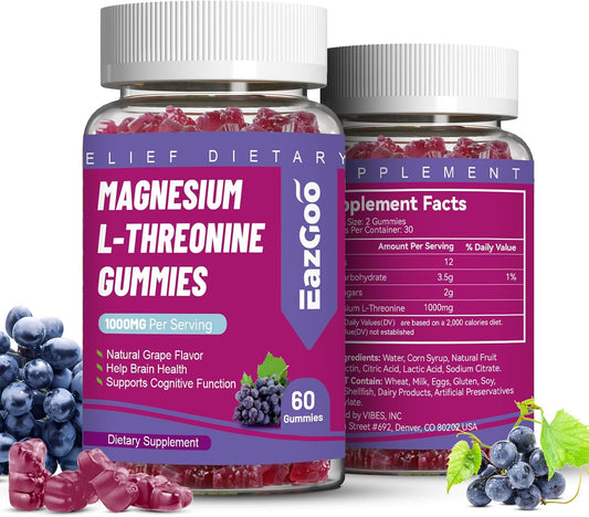 Grape Magnesium Threonate Gummies 1000mg for Adults - Vegan & Gluten-Free Brain Supplement with L-Threonine - 120 Count
