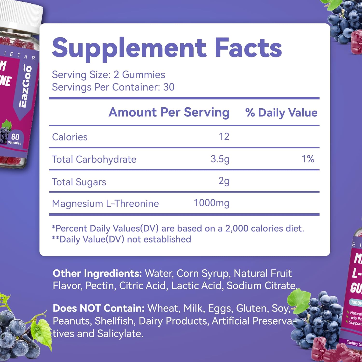 Grape Magnesium Threonate Gummies 1000mg for Adults - Vegan & Gluten-Free Brain Supplement with L-Threonine - 120 Count