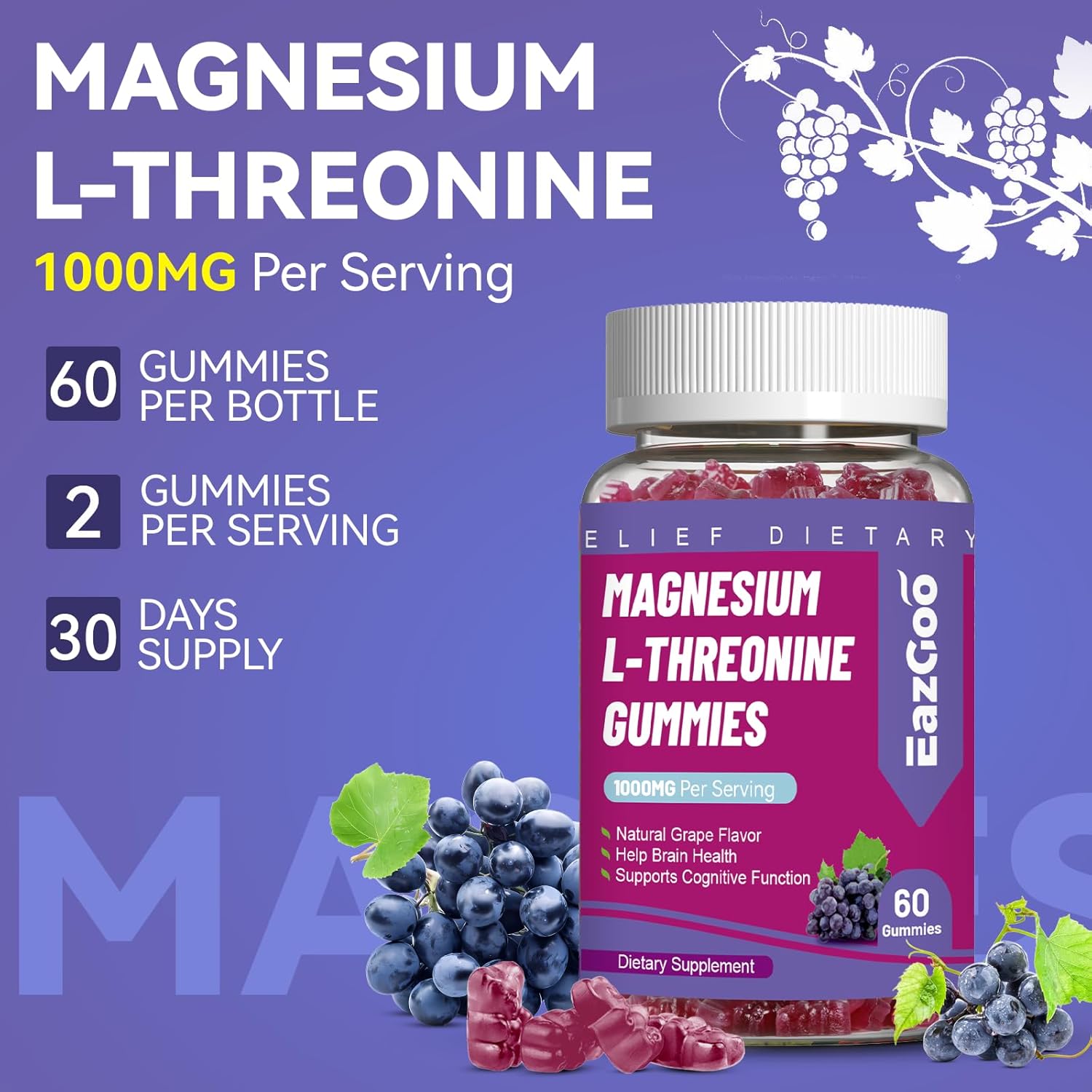 Grape Magnesium Threonate Gummies 1000mg for Adults - Vegan & Gluten-Free Brain Supplement with L-Threonine - 120 Count
