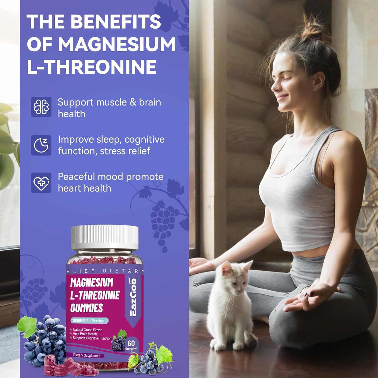 Grape Magnesium Threonate Gummies 1000mg for Adults - Vegan & Gluten-Free Brain Supplement with L-Threonine - 120 Count