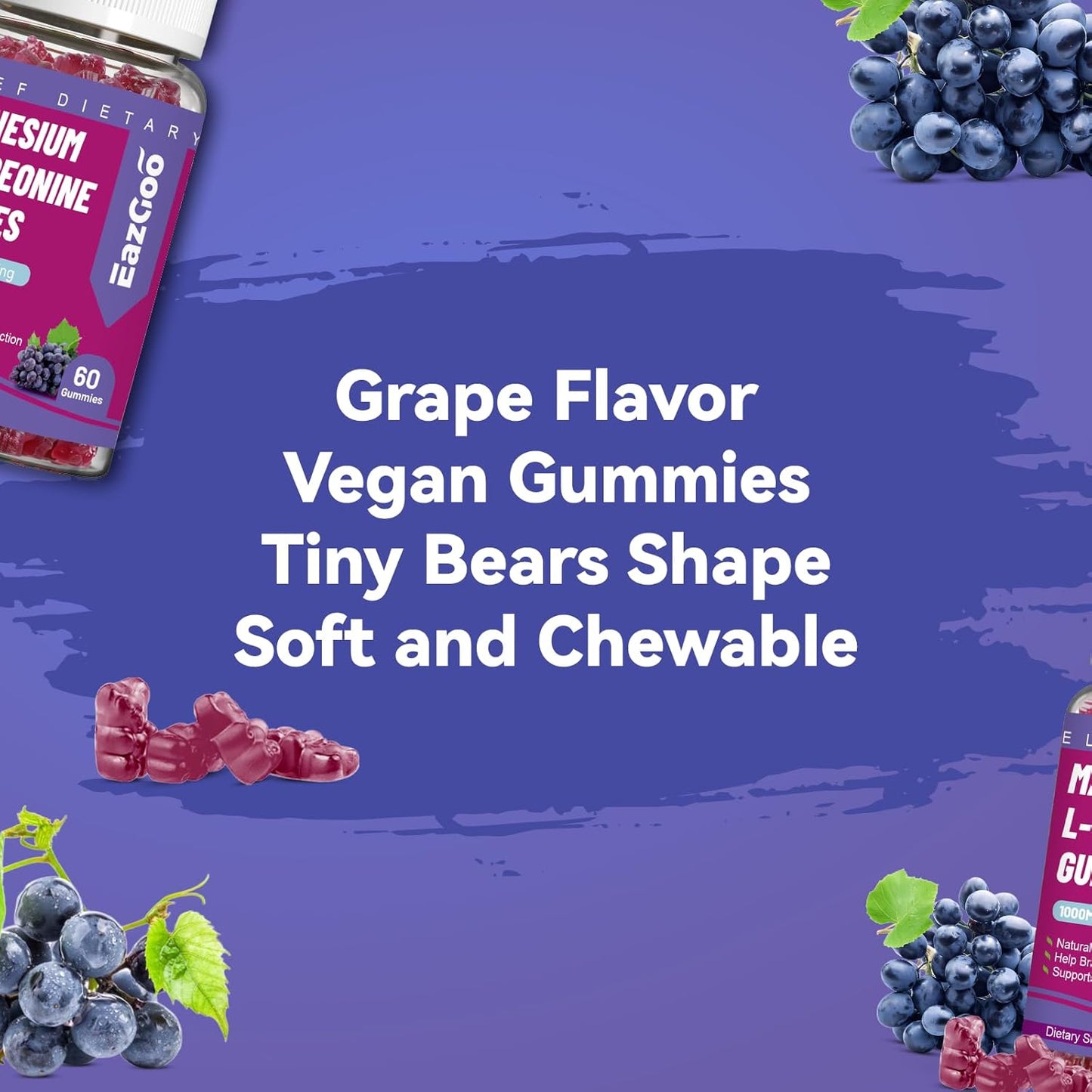 Grape Magnesium Threonate Gummies 1000mg for Adults - Vegan & Gluten-Free Brain Supplement with L-Threonine - 120 Count