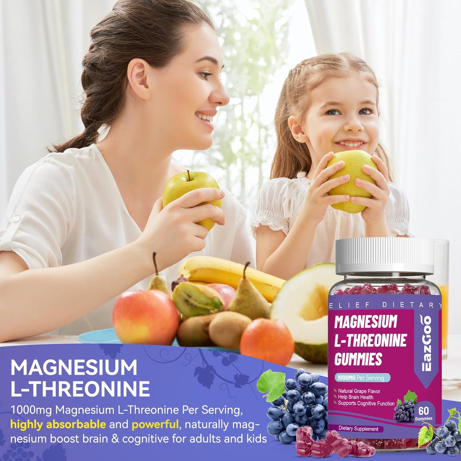 Grape Magnesium Threonate Gummies 1000mg for Adults - Vegan & Gluten-Free Brain Supplement with L-Threonine - 120 Count