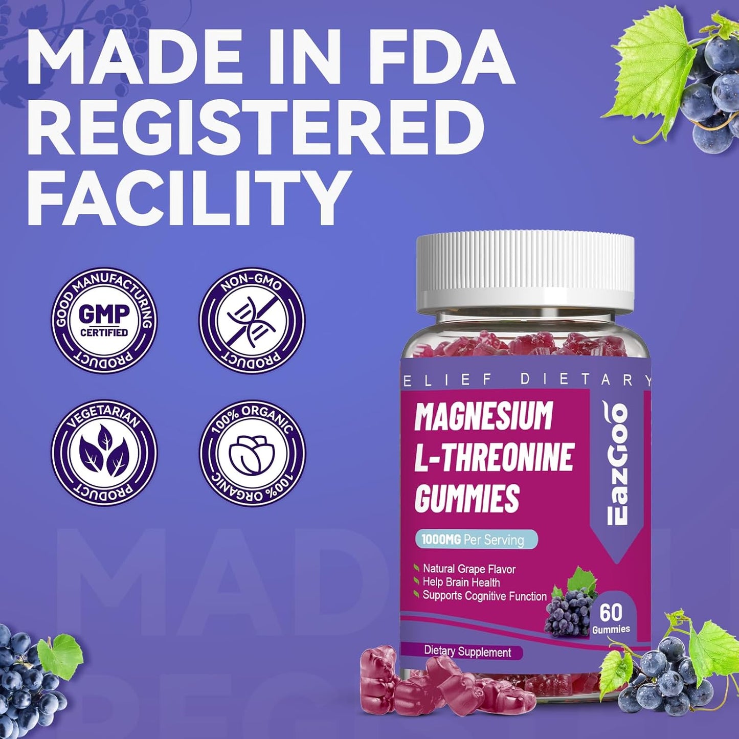 Grape Magnesium Threonate Gummies 1000mg for Adults - Vegan & Gluten-Free Brain Supplement with L-Threonine - 120 Count