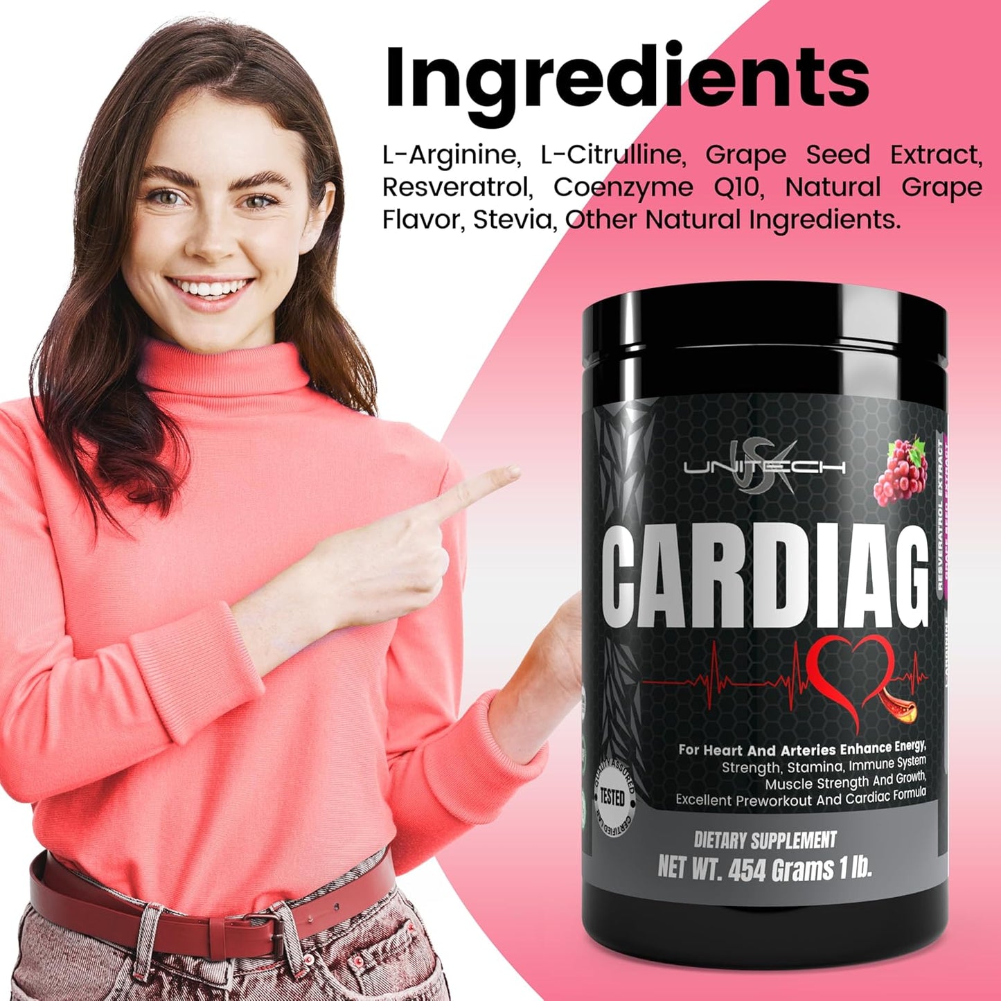 Grape Powder Supplement with L-Arginine, L-Citrulline, Grape Seed Extract, Resveratrol, and Coenzyme Q10 - 16 oz, Grape Flavor