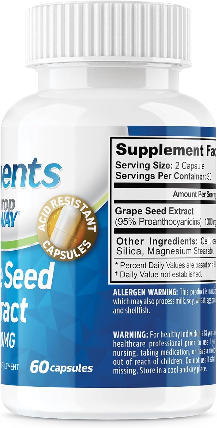Grape Seed Extract 1000mg Capsules for Neuropathy Relief - Third Party Tested, cGMP Made (60 Count)