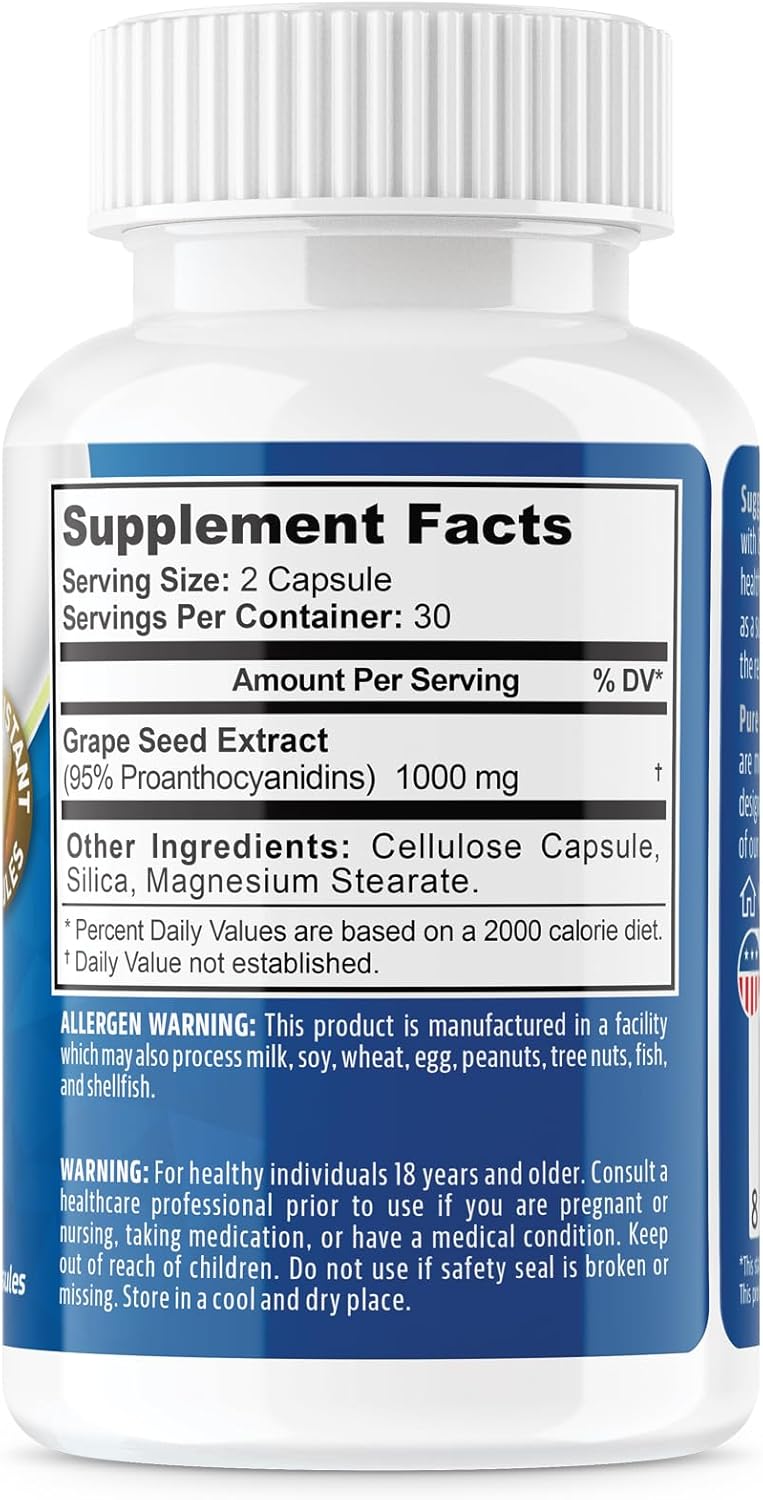 Grape Seed Extract 1000mg Capsules for Neuropathy Relief - Third Party Tested, cGMP Made (60 Count)