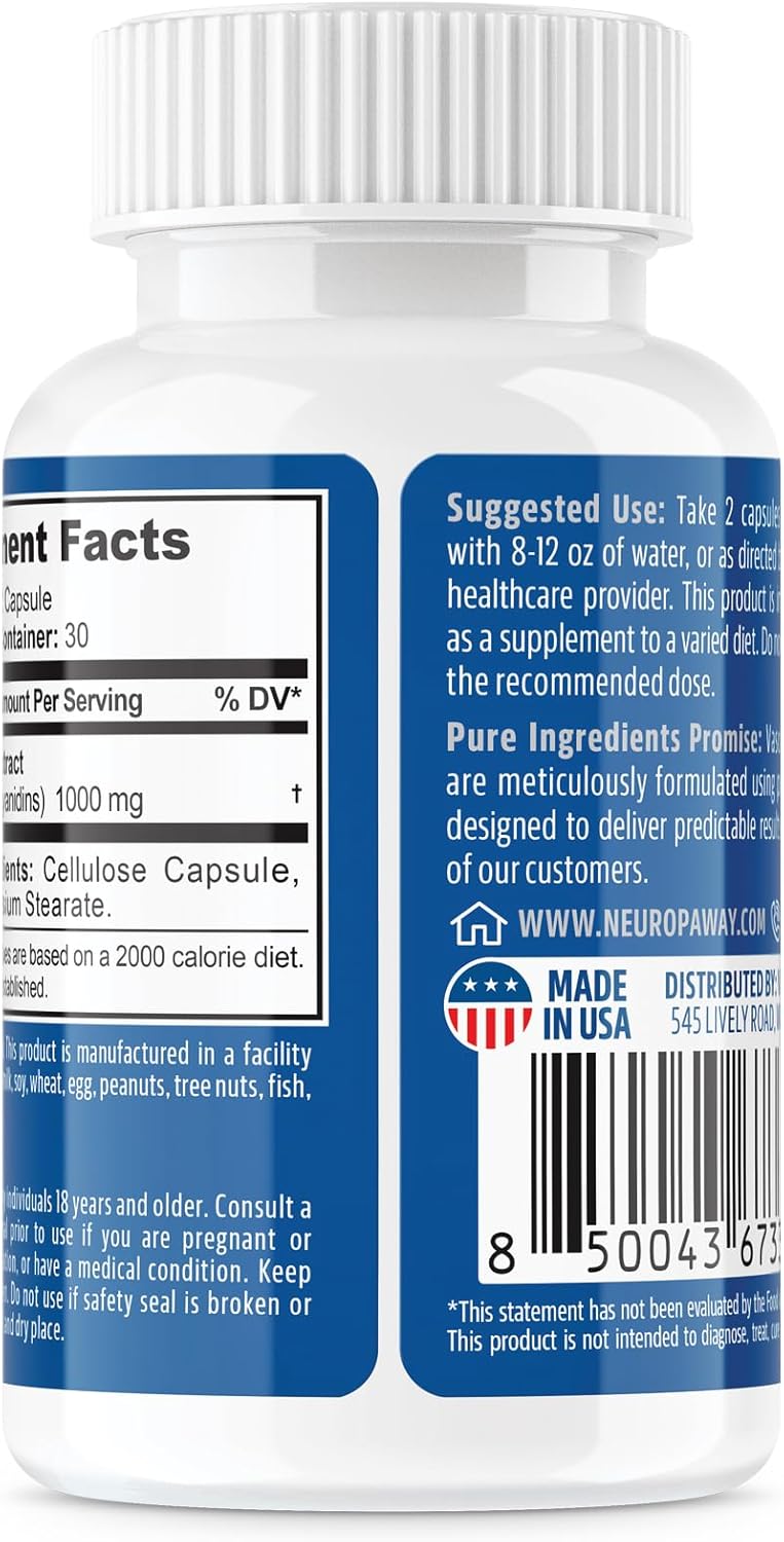 Grape Seed Extract 1000mg Capsules for Neuropathy Relief - Third Party Tested, cGMP Made (60 Count)