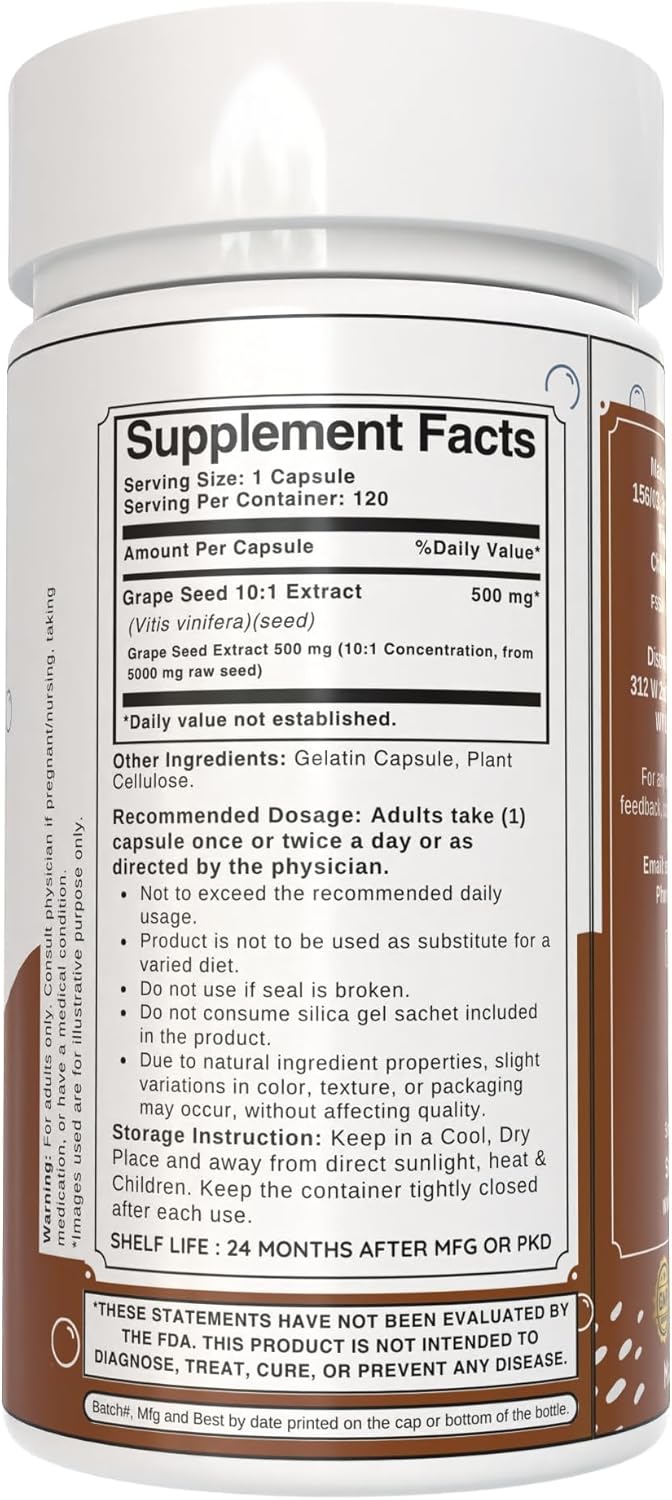Grape Seed Extract Capsules 500mg | Concentrated 10:1 Vitis vinifera Seed Extract | Herbal Supplement for Wellness | Non-GMO, Gluten-Free (120 Count)