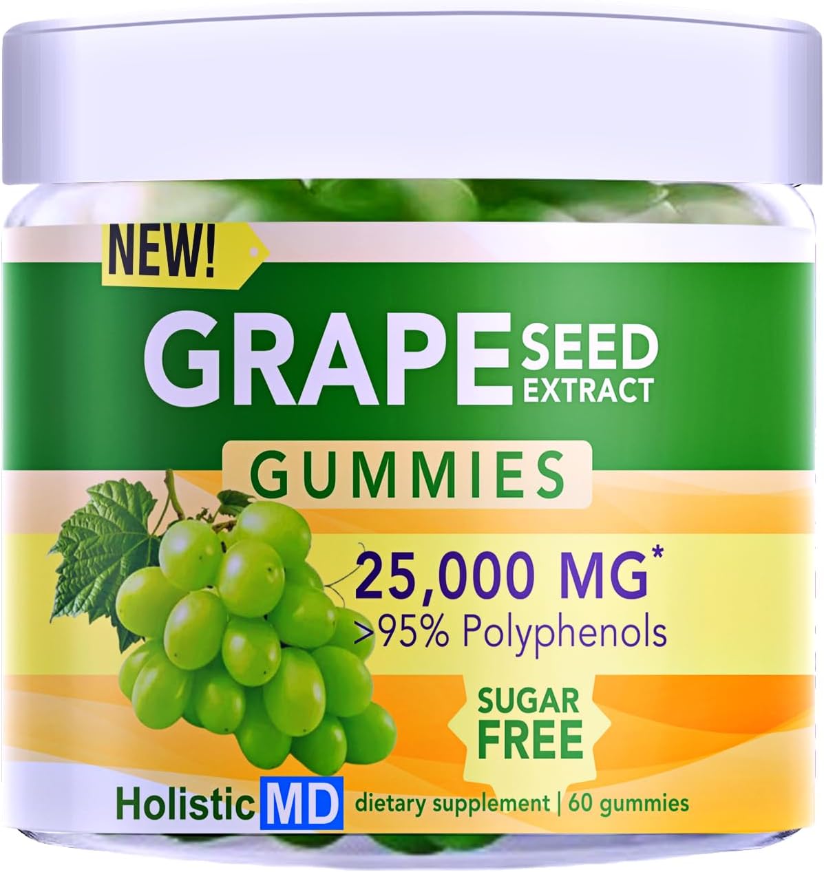 Grape Seed Extract Gummies | 25,000 mg Grape Seed Oil | High Polyphenols | Vegan & Sugar Free | Grape Flavor 60 ct