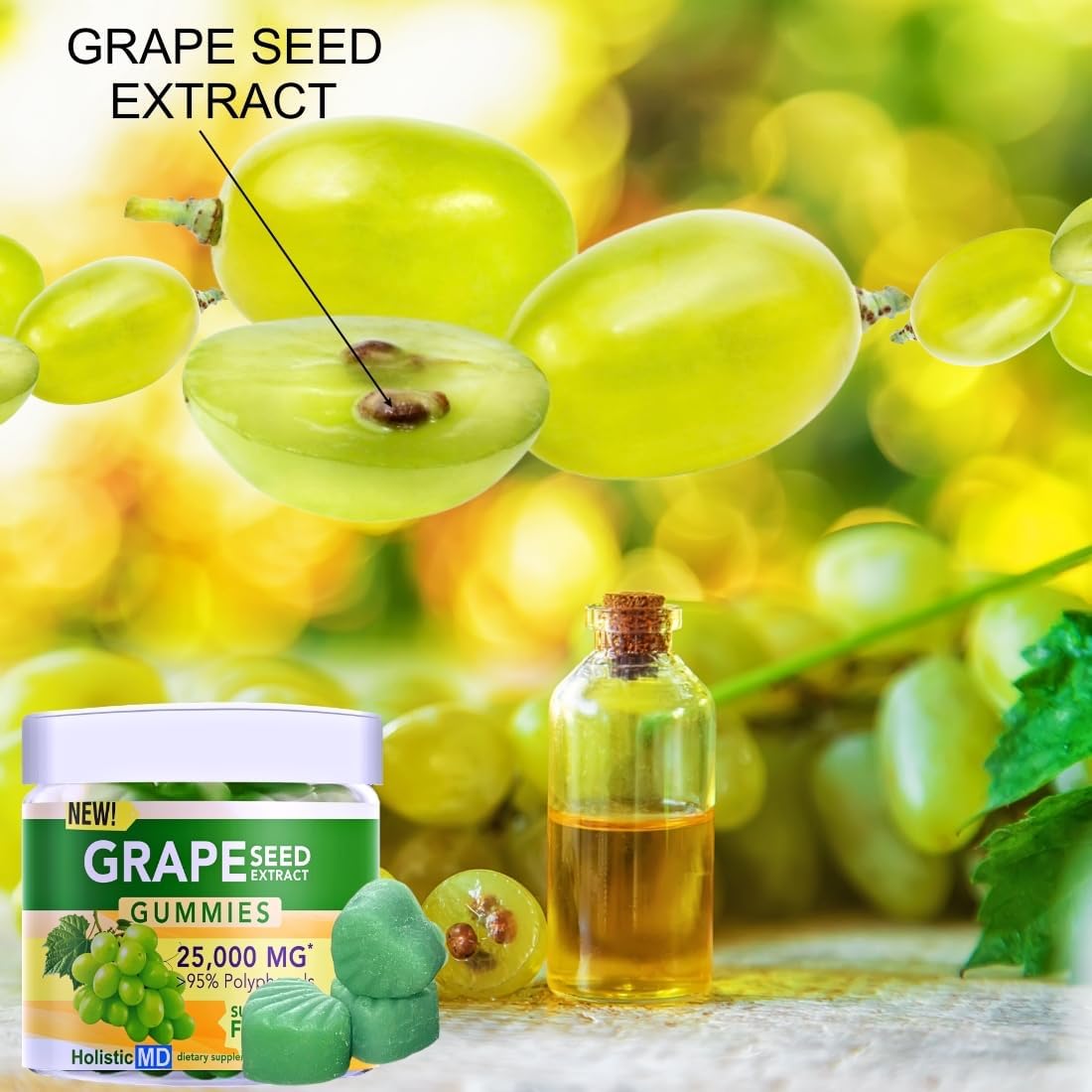 Grape Seed Extract Gummies | 25,000 mg Grape Seed Oil | High Polyphenols | Vegan & Sugar Free | Grape Flavor 60 ct