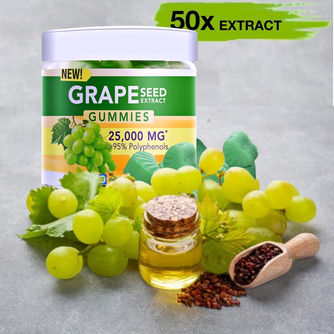 Grape Seed Extract Gummies | 25,000 mg Grape Seed Oil | High Polyphenols | Vegan & Sugar Free | Grape Flavor 60 ct