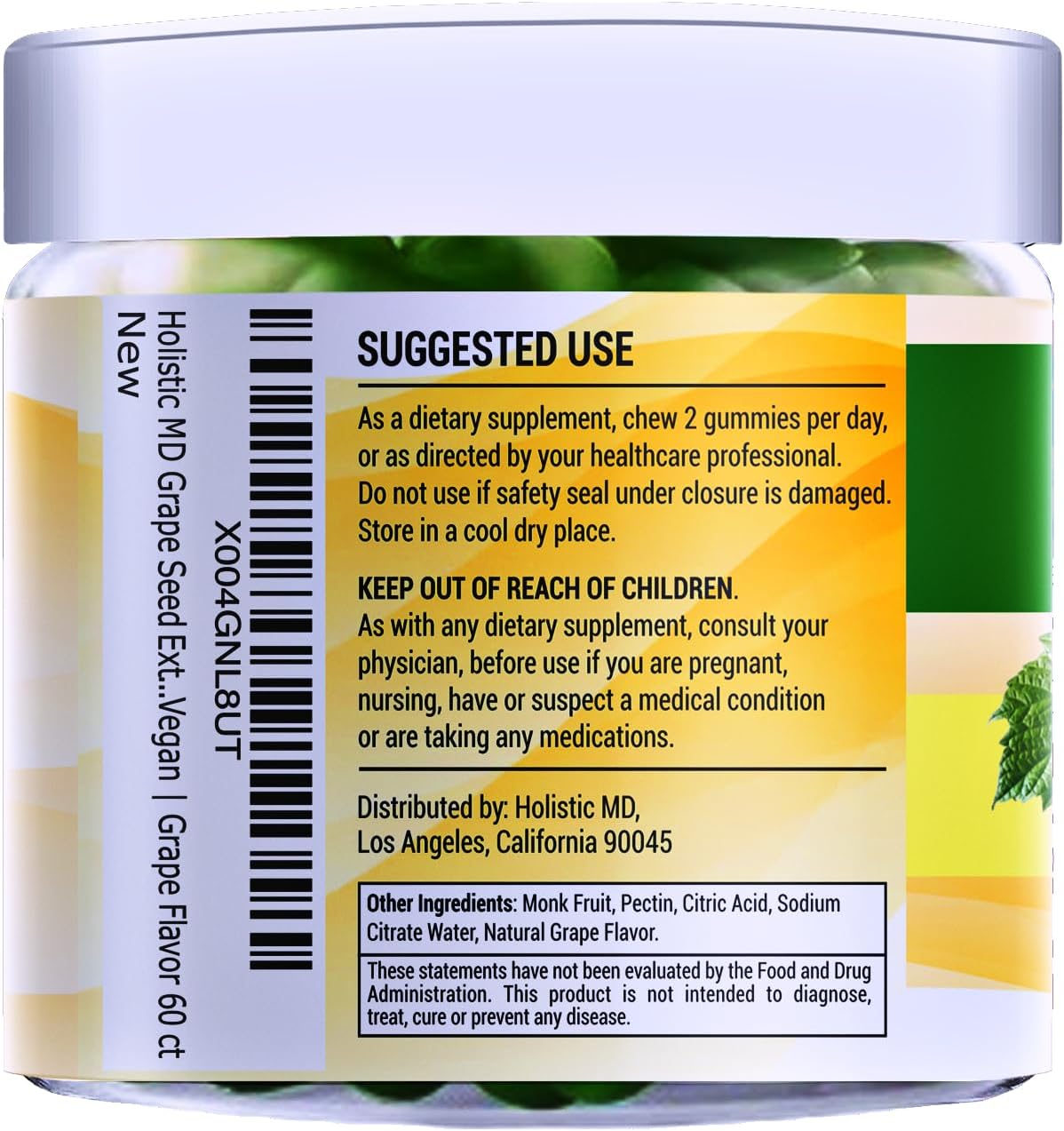 Grape Seed Extract Gummies | 25,000 mg Grape Seed Oil | High Polyphenols | Vegan & Sugar Free | Grape Flavor 60 ct