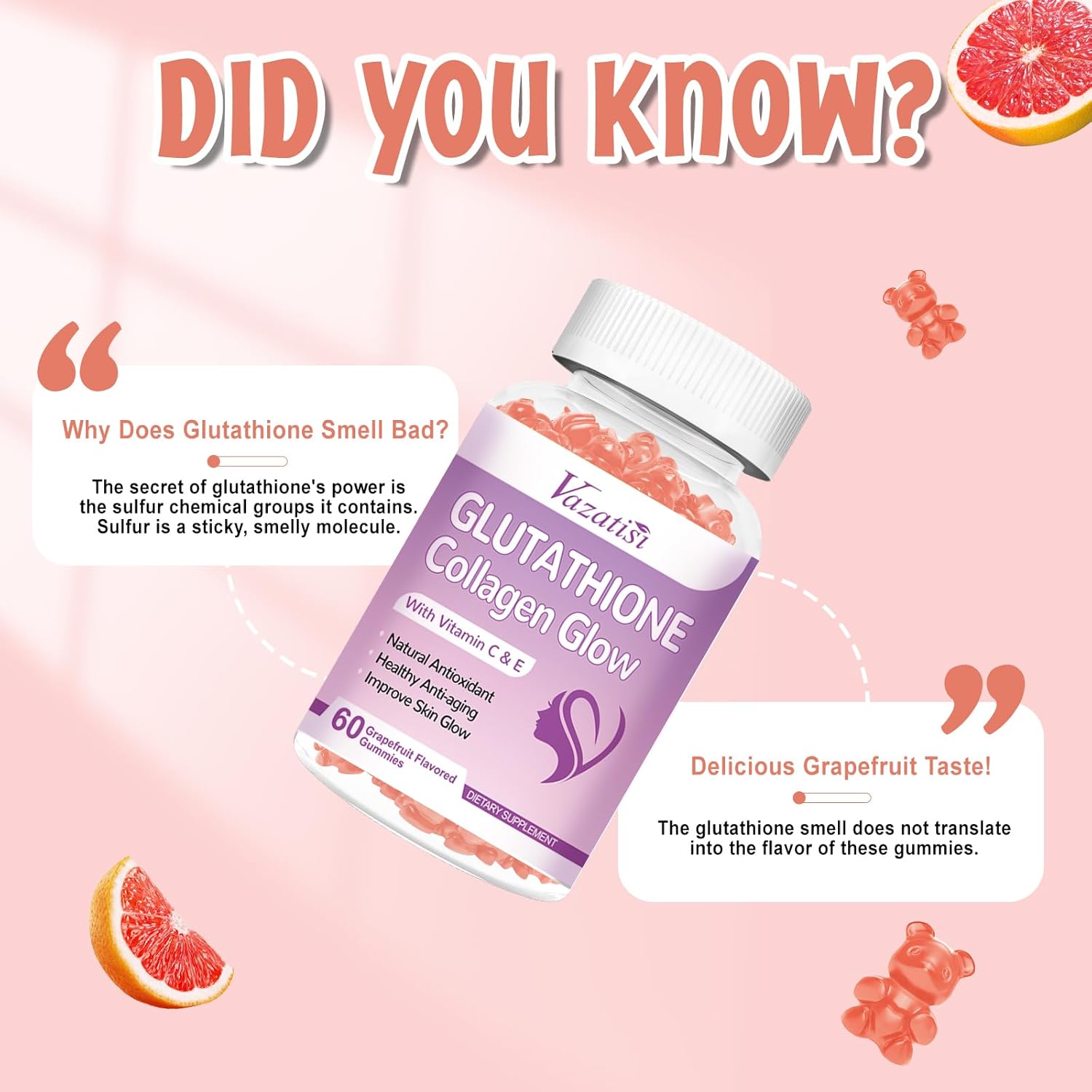 Grapefruit Flavored Glutathione Collagen Gummies for Women with Vitamin C and E - 60 Count
