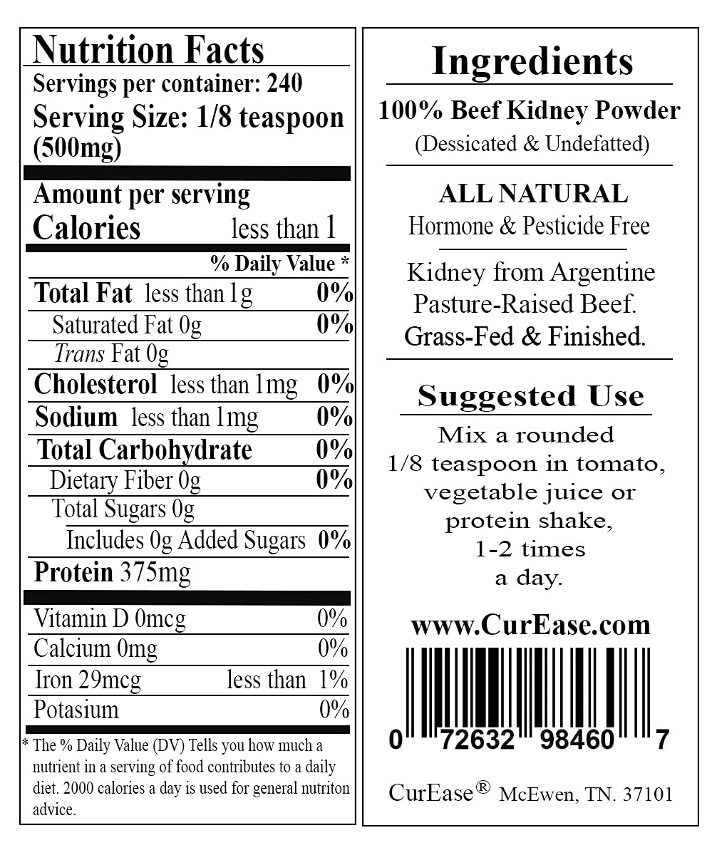 Grass Fed Argentine Beef Kidney Powder - 4.2 oz, 240 Servings - CurEase
