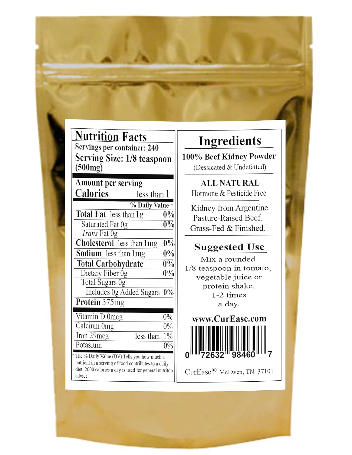 Grass Fed Argentine Beef Kidney Powder - 4.2 oz, 240 Servings - CurEase