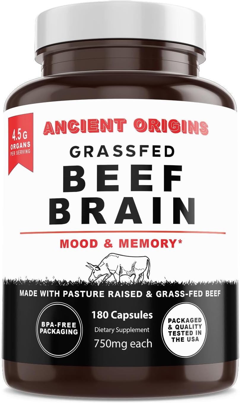 Grass-Fed Beef Brain Supplement with Liver, Whole Food Brain Support, 180 Capsules, Non-GMO
