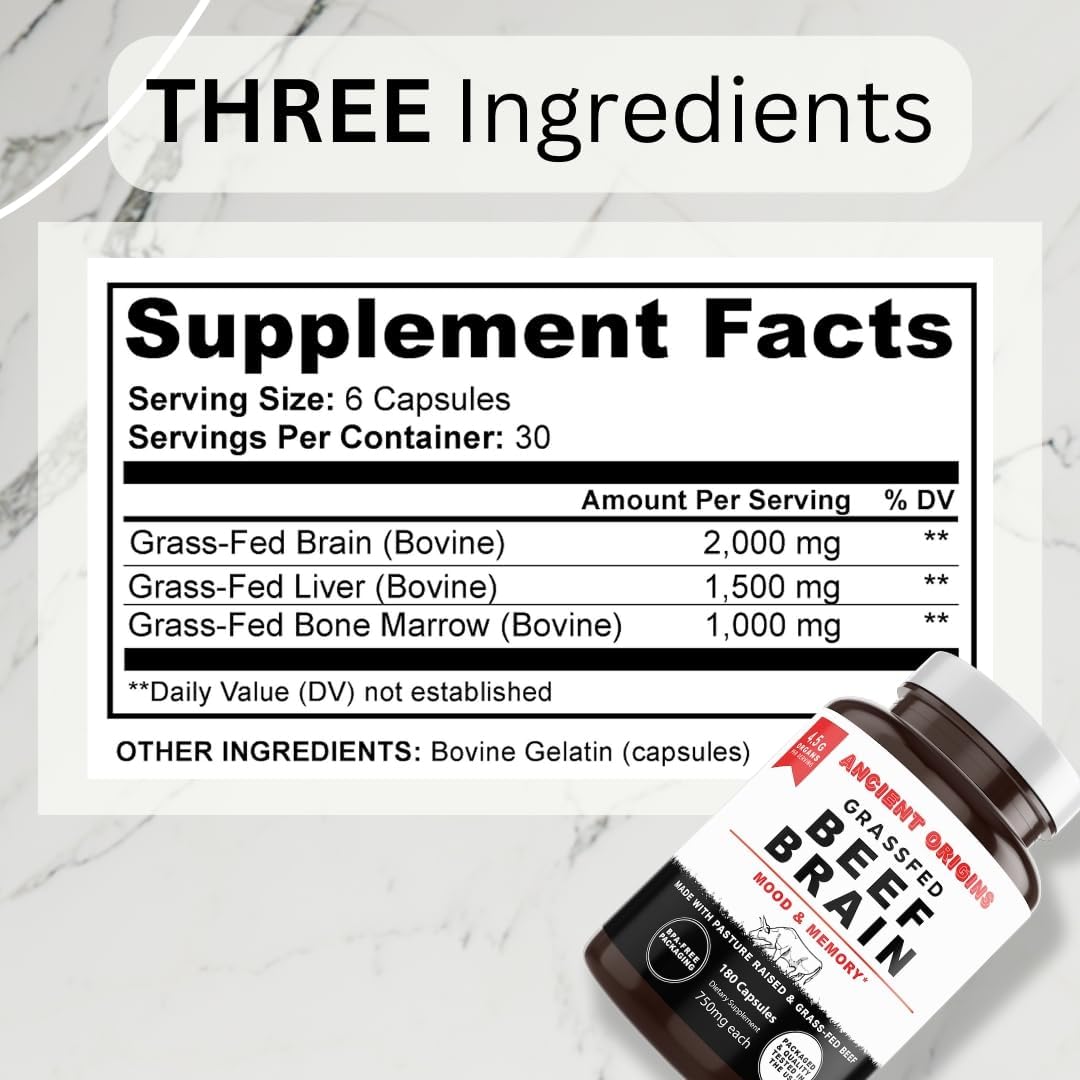 Grass-Fed Beef Brain Supplement with Liver, Whole Food Brain Support, 180 Capsules, Non-GMO