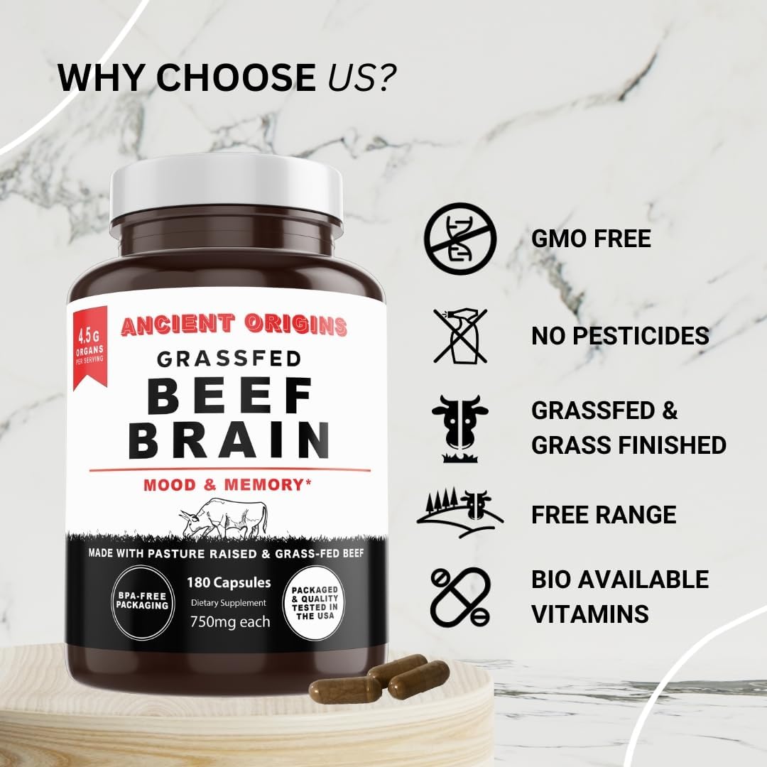 Grass-Fed Beef Brain Supplement with Liver, Whole Food Brain Support, 180 Capsules, Non-GMO