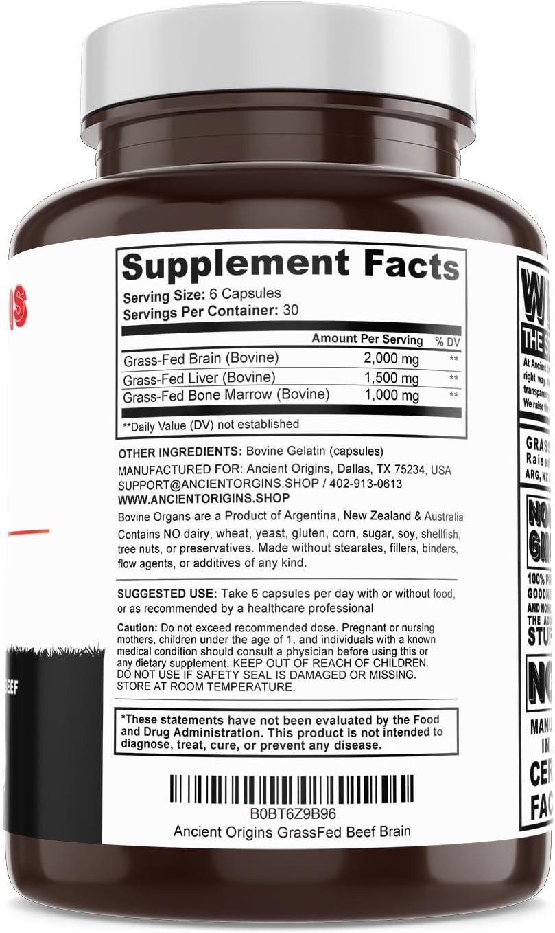 Grass-Fed Beef Brain Supplement with Liver, Whole Food Brain Support, 180 Capsules, Non-GMO