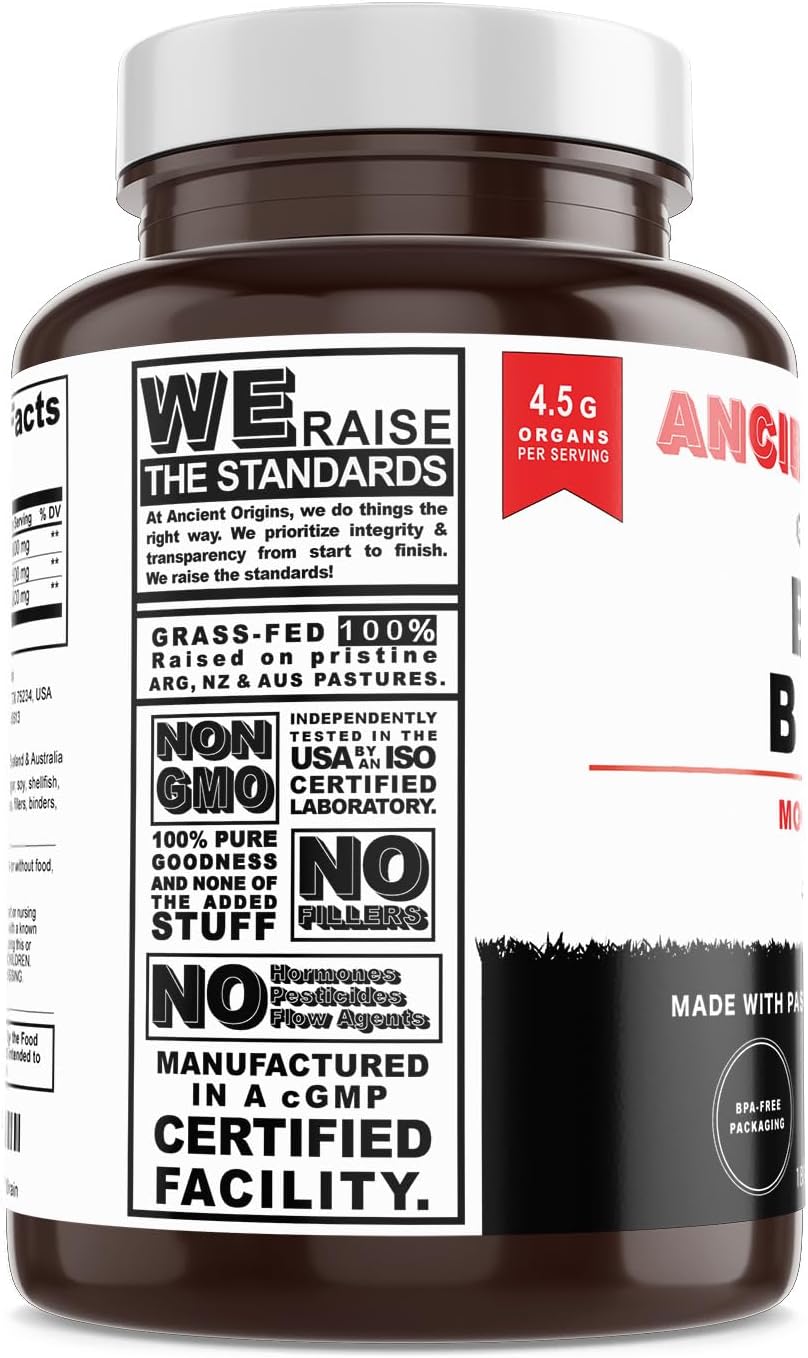 Grass-Fed Beef Brain Supplement with Liver, Whole Food Brain Support, 180 Capsules, Non-GMO