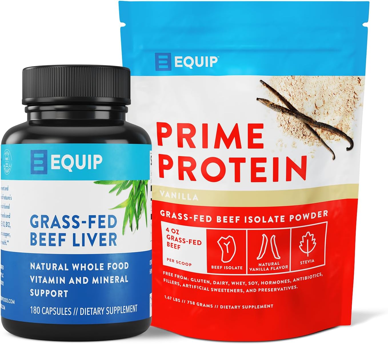 Grass-Fed Beef Liver Capsules and Vanilla Prime Protein Powder by Equip Foods