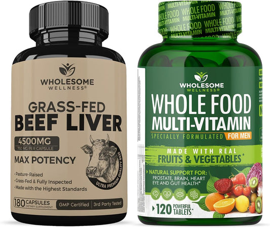 Grass Fed Beef Liver Capsules & Whole Food Multivitamin for Men - Natural Multivitamins, Minerals, Organic Extracts Bundle (180 Pills, 750mg)