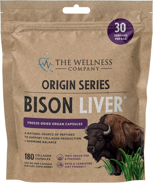 Grass-Fed Bison Liver Capsules: 180 Count - Boost Metabolism, Support Collagen Production - Non-GMO, Gluten-Free Freeze-Dried Organ Supplement