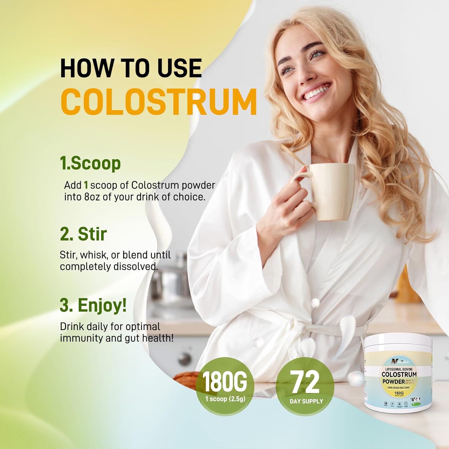 Grass Fed Bovine Colostrum Powder for Gut Support, Immune Health & Hair Growth - 6.35 oz Liposomal Supplement