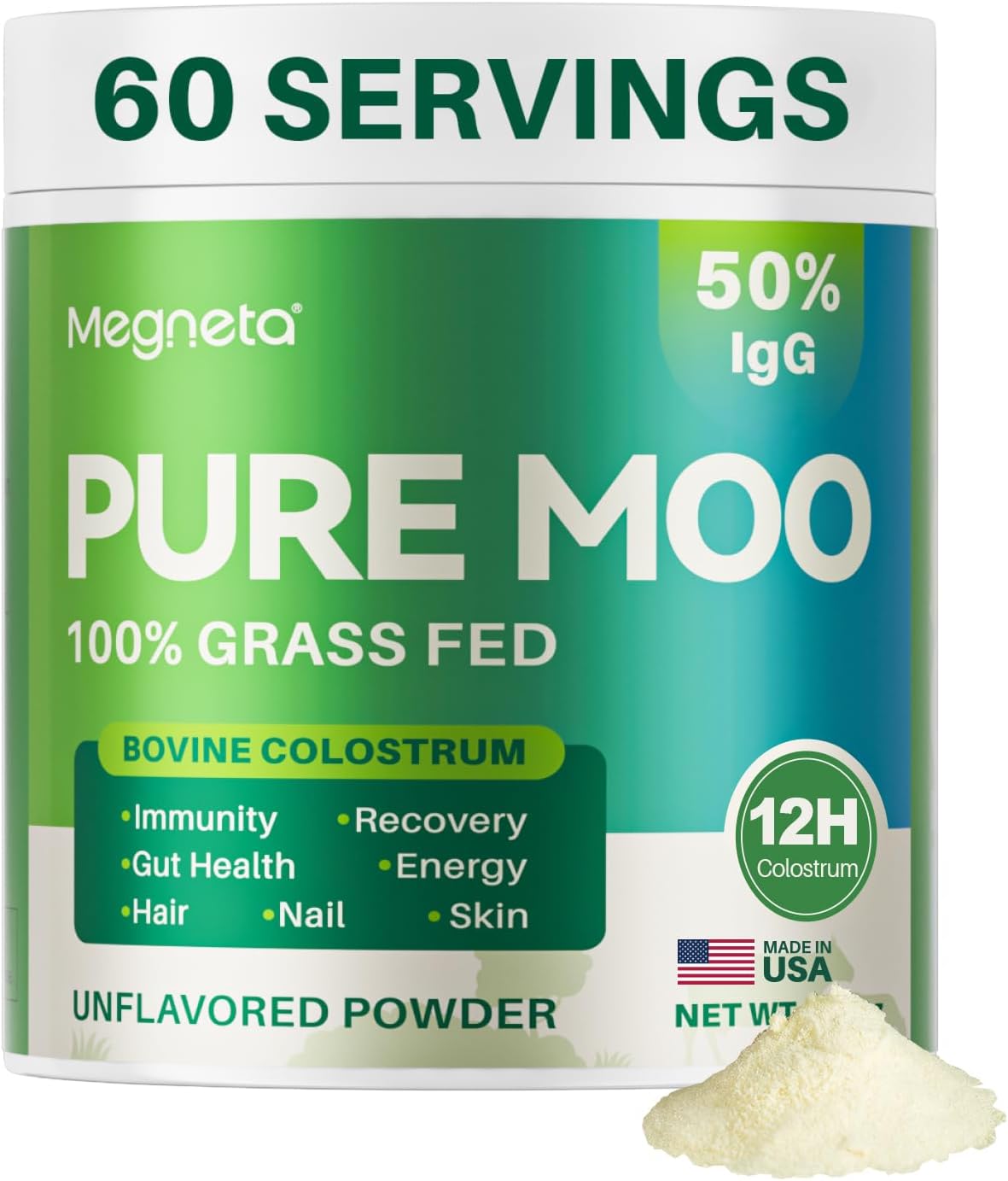 Grass Fed Bovine Colostrum Powder with 50% IgG - Supports Gut Health, Immune System, Hair, and Skin - 60 Servings