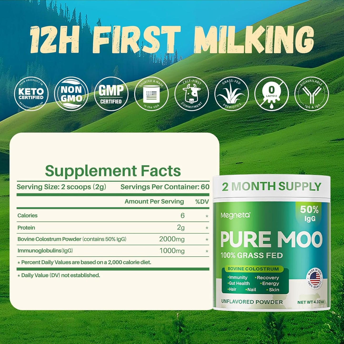 Grass Fed Bovine Colostrum Powder with 50% IgG - Supports Gut Health, Immune System, Hair, and Skin - 60 Servings