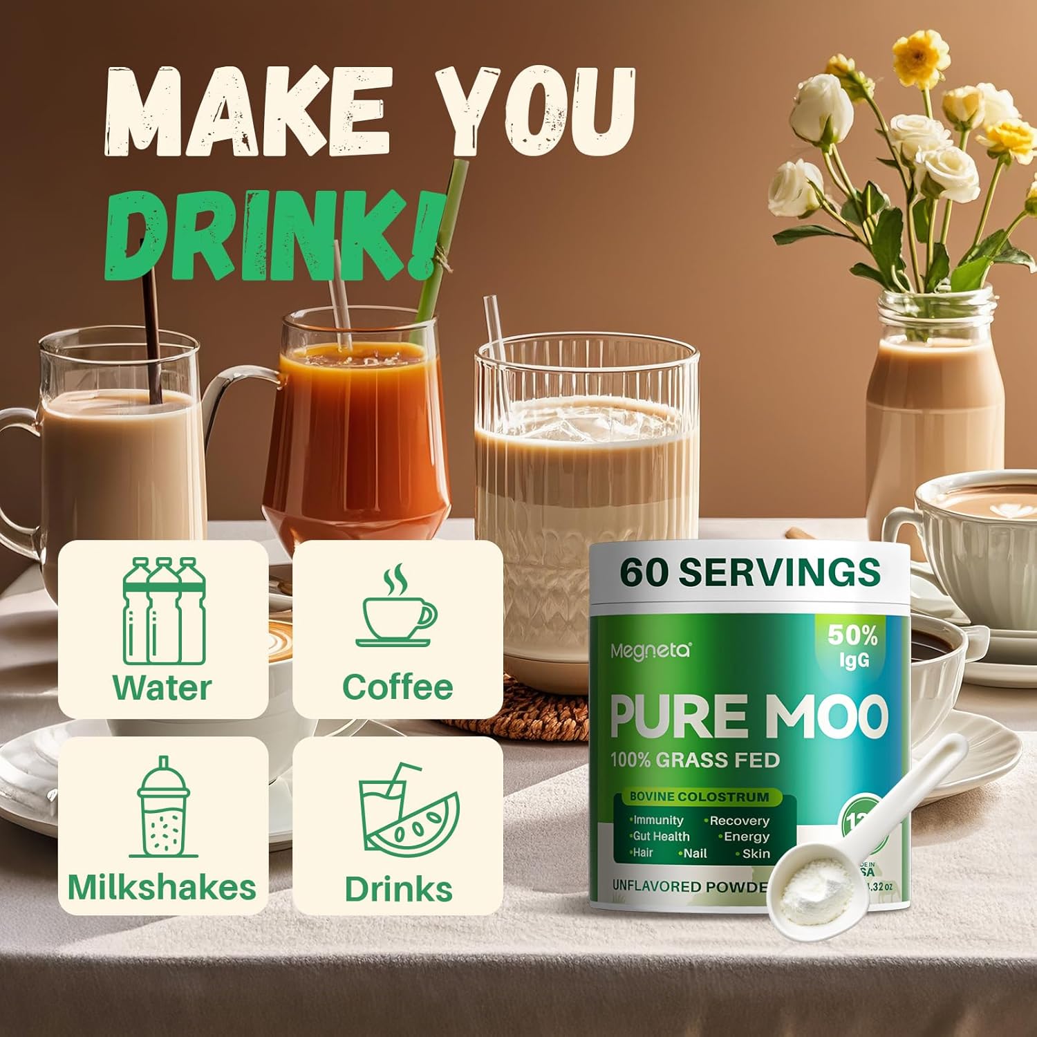 Grass Fed Bovine Colostrum Powder with 50% IgG - Supports Gut Health, Immune System, Hair, and Skin - 60 Servings