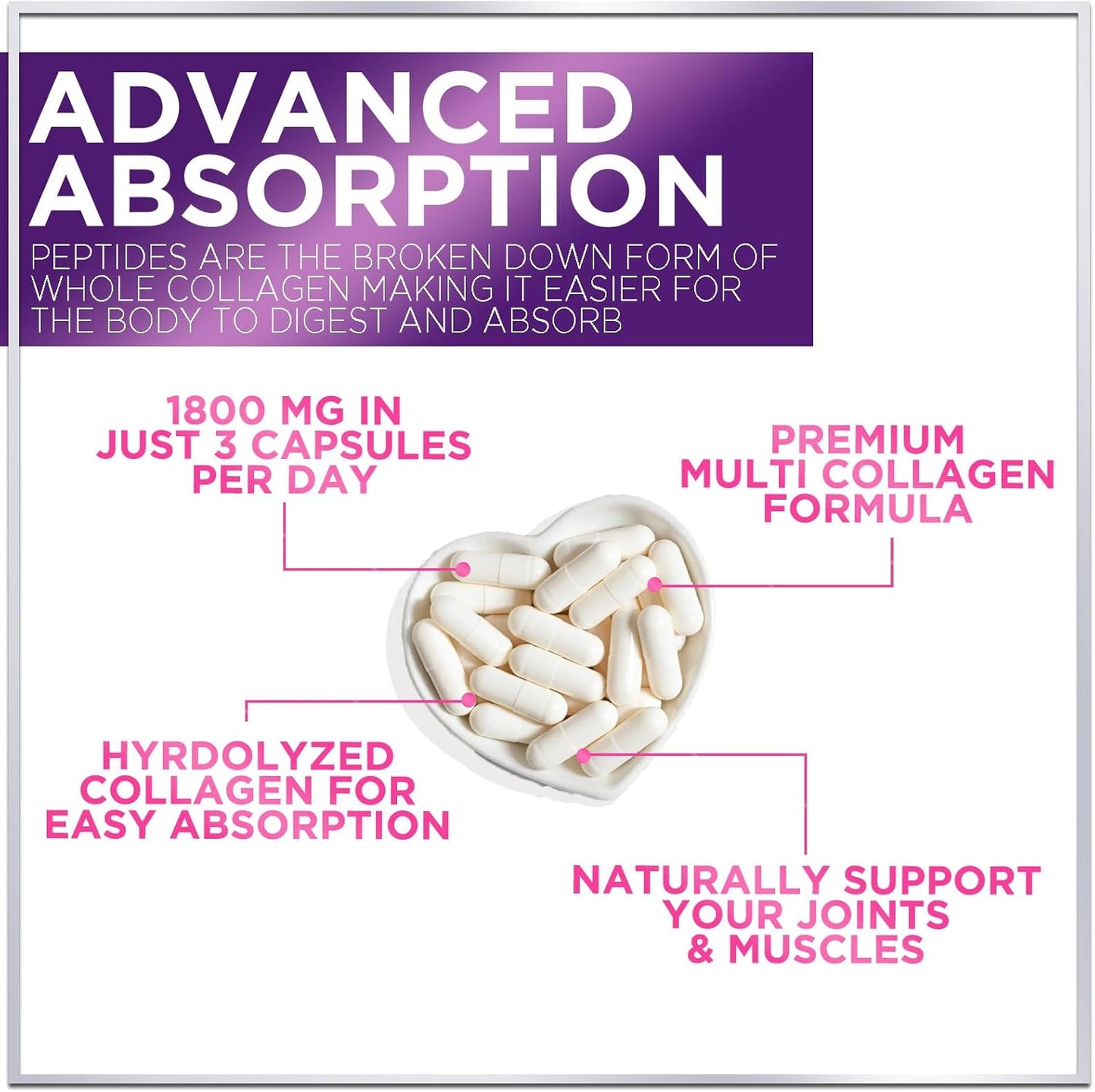 Grass-Fed Collagen Capsules for Hair, Skin, Nails, Joints - 1800mg Hydrolyzed Type I, II, III, V & X - 60 Capsules - Men & Women Support - BoostGo Australia