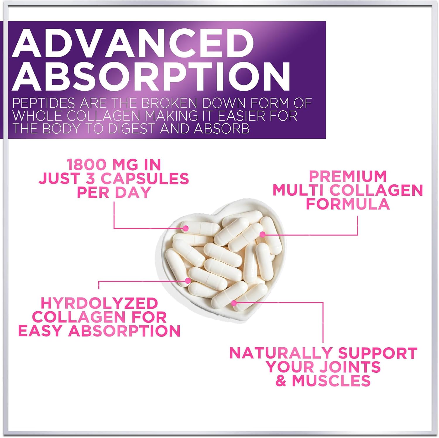 Grass-Fed Collagen Capsules for Hair, Skin, Nails, Joints - 1800mg Hydrolyzed Type I, II, III, V & X - 60 Capsules - Men & Women Support - BoostGo Australia