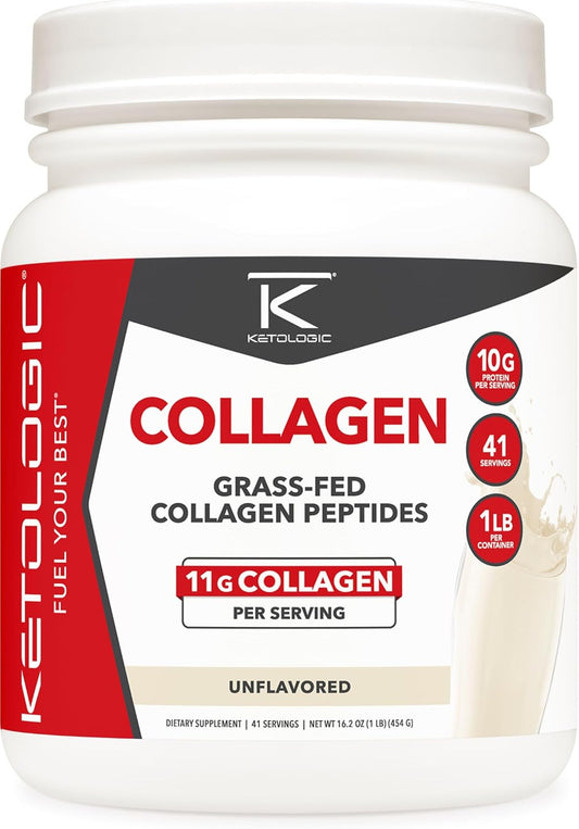 Grass-Fed Collagen Hydrolysate Powder - Unflavored, 1 LB, 41 Servings, 11g Collagen & 10g Protein Per Serving
