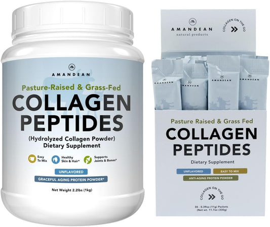 Grass-Fed Collagen Peptides Bundle - 1kg & Stick Packs. Hydrolyzed Type 1 & 3 Protein with 18 Amino Acids for Skin, Hair, Nails. Easy Mix, Unflavored, Non-GMO.