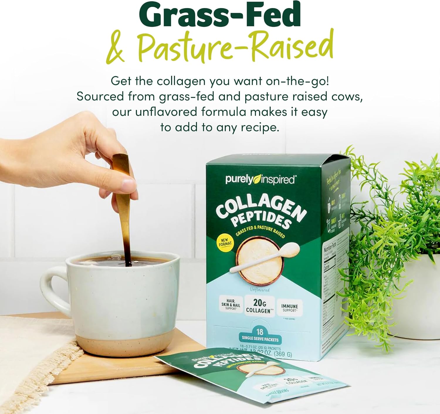 Grass-Fed Collagen Peptides Powder, 18 Single Serve Packets - Unflavored Protein Supplement for Women & Men - Paleo, Keto, & Gluten-Free