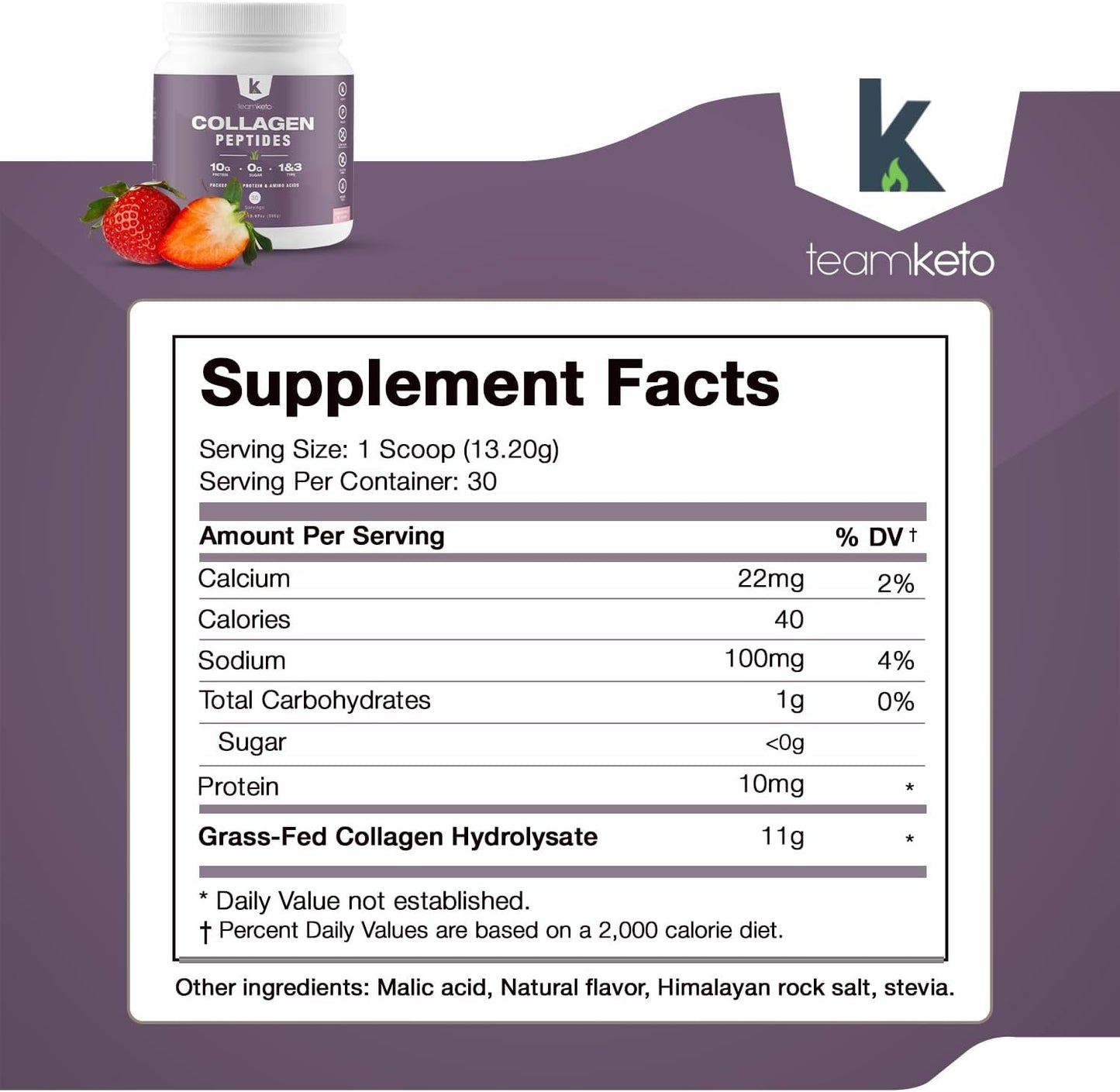 Grass-Fed Collagen Peptides Powder for Hair, Skin, Nails, Joints - Type 1 & 3 Supplement - Women & Men - Strawberries N'Cream - 397g