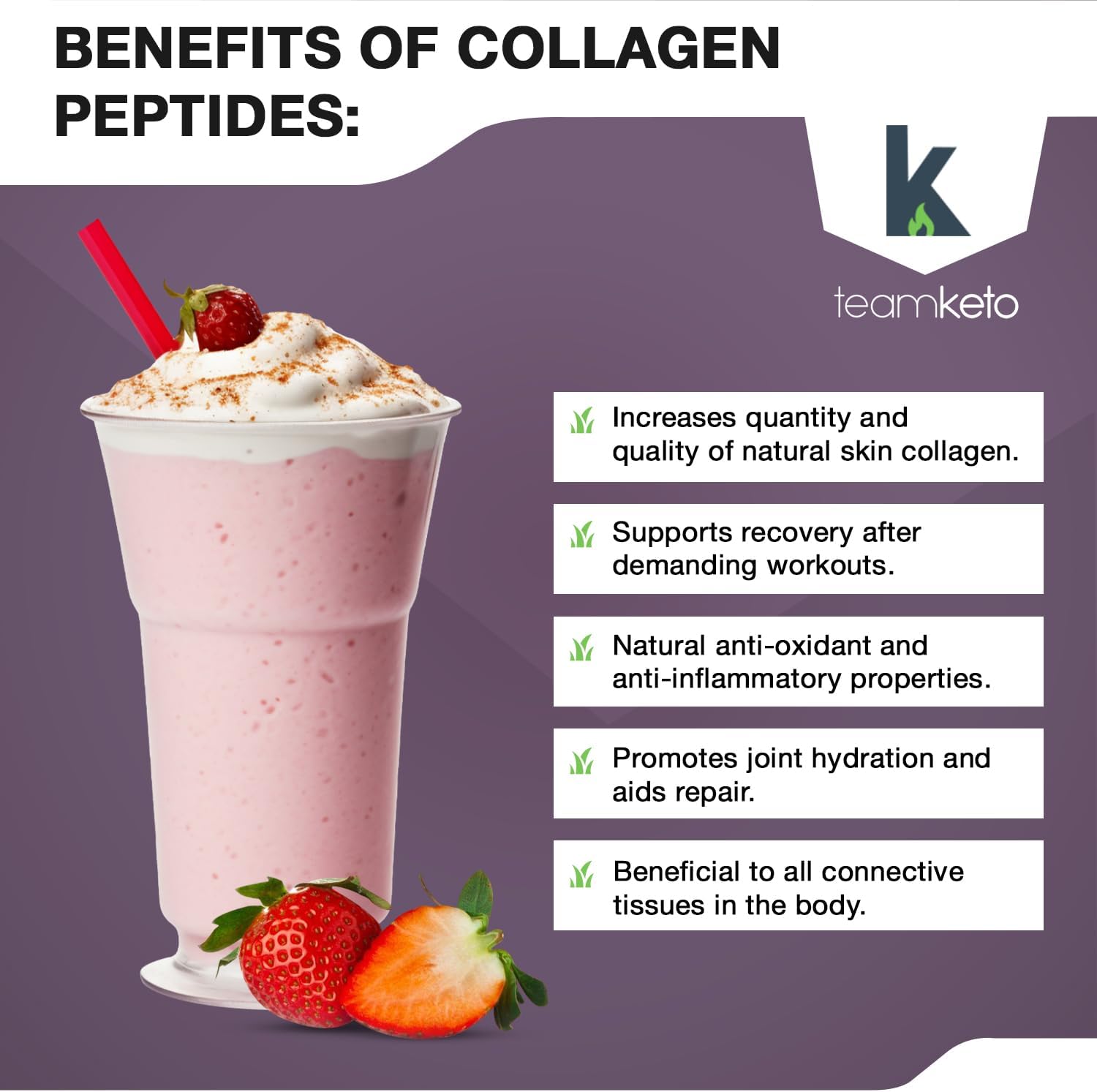 Grass-Fed Collagen Peptides Powder for Hair, Skin, Nails, Joints - Type 1 & 3 Supplement - Women & Men - Strawberries N'Cream - 397g