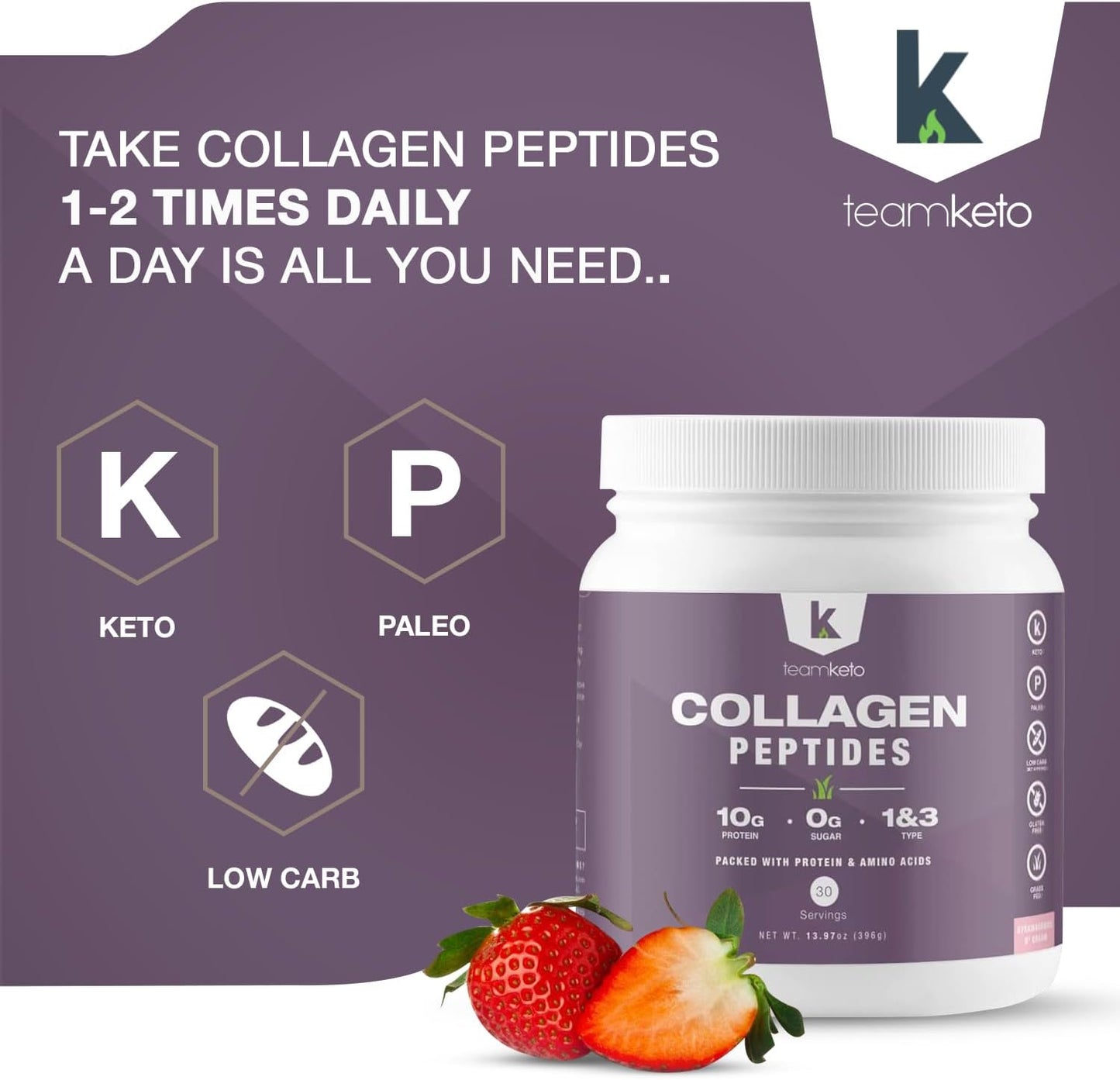 Grass-Fed Collagen Peptides Powder for Hair, Skin, Nails, Joints - Type 1 & 3 Supplement - Women & Men - Strawberries N'Cream - 397g