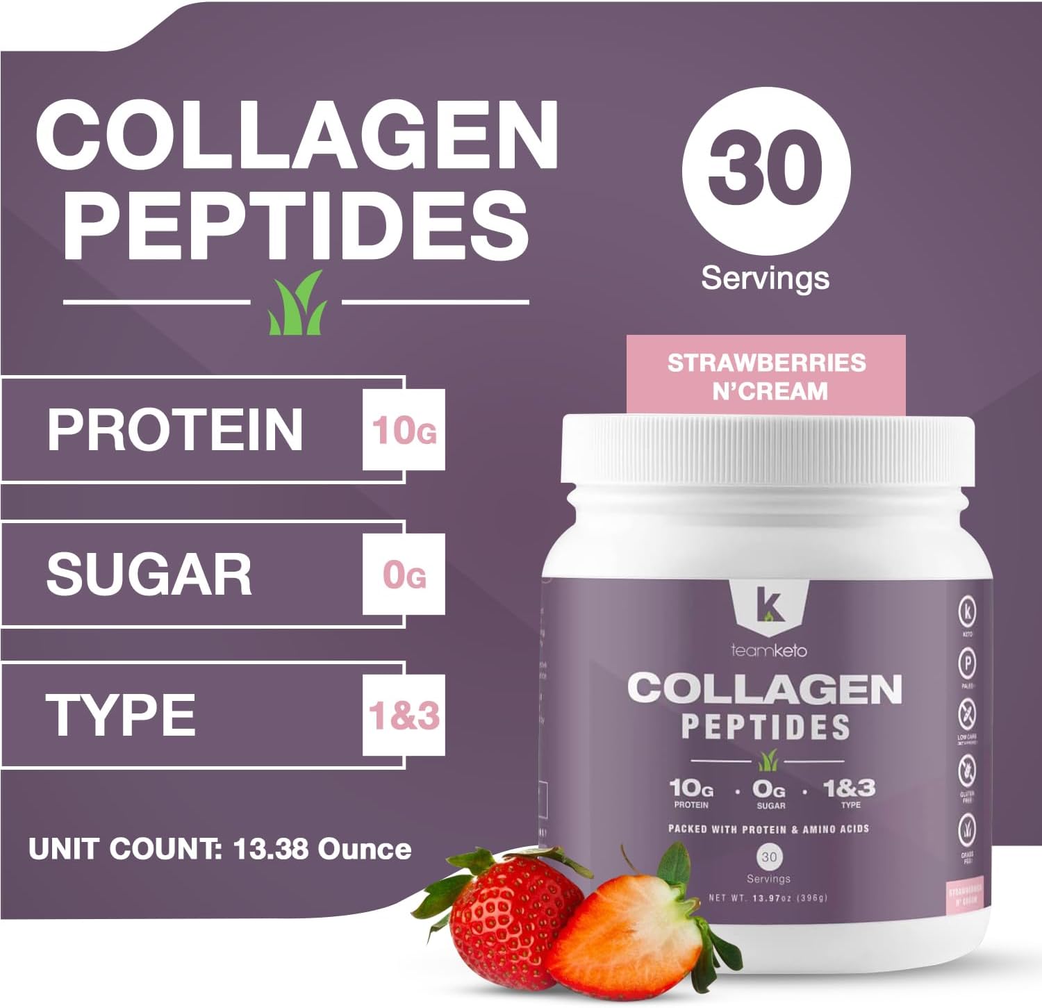 Grass-Fed Collagen Peptides Powder for Hair, Skin, Nails, Joints - Type 1 & 3 Supplement - Women & Men - Strawberries N'Cream - 397g