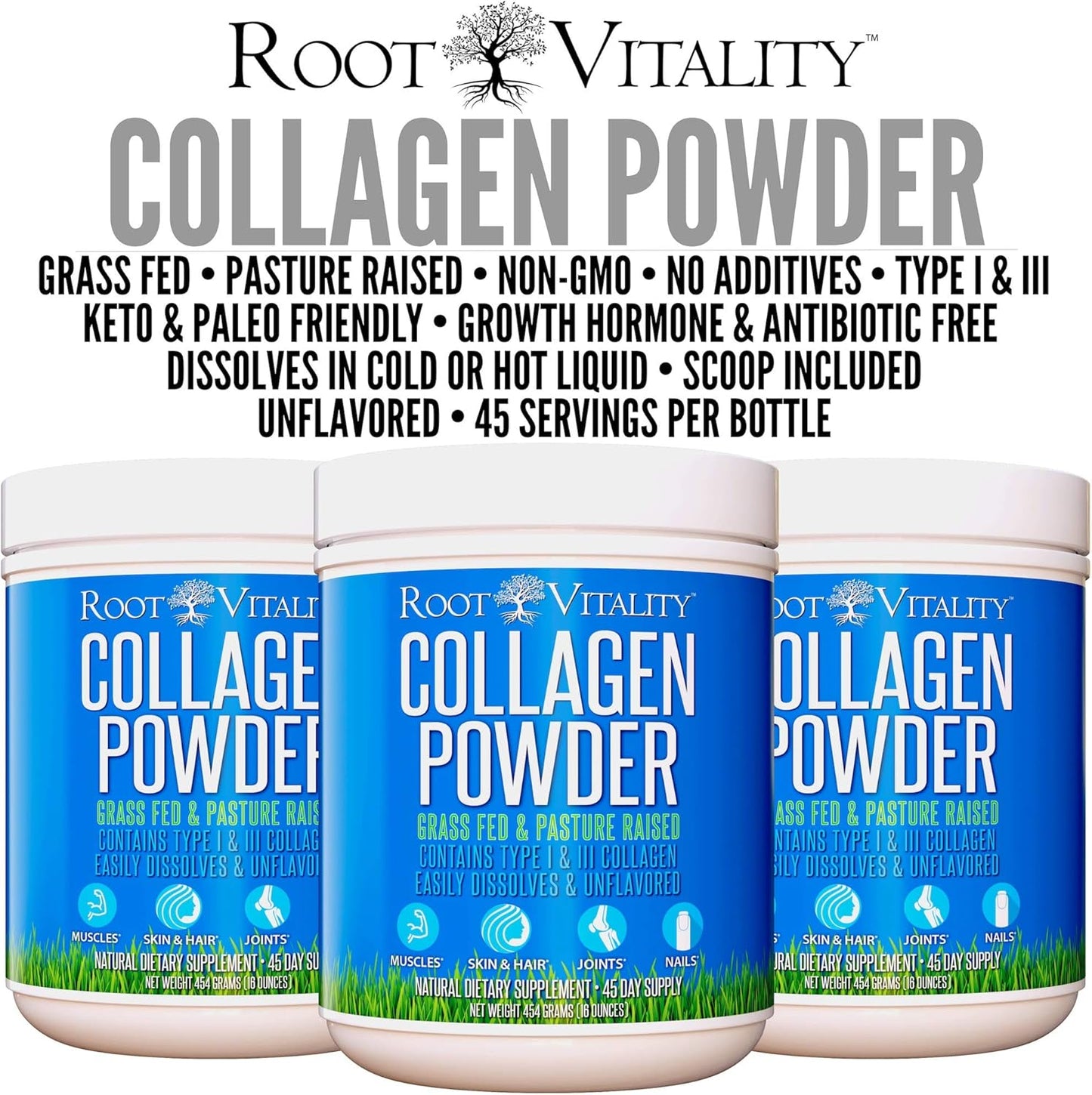 Grass-Fed Collagen Peptides Powder for Skin, Hair, & Nails - Non-GMO Hydrolyzed Protein - Daily Supplement (45 Servings)