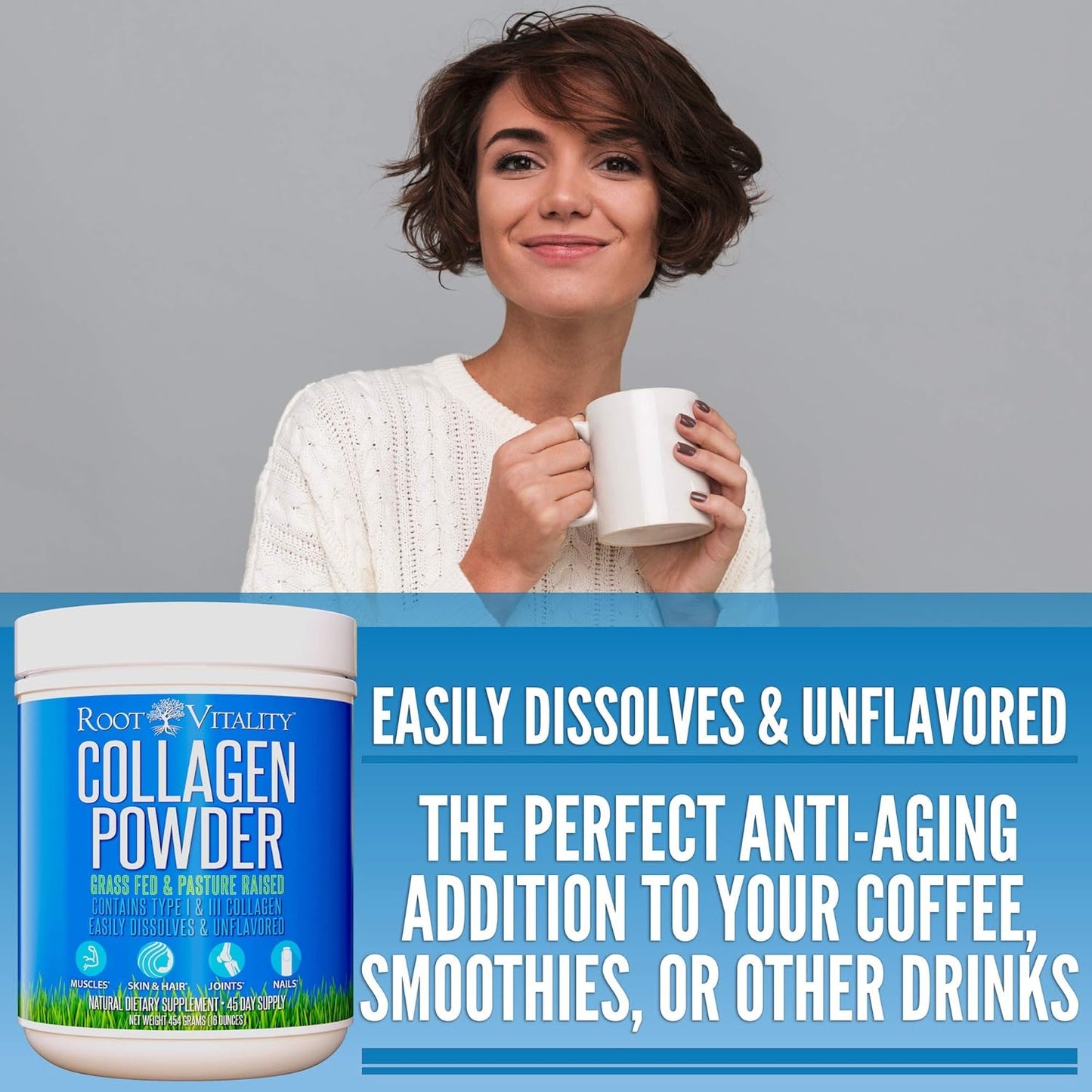 Grass-Fed Collagen Peptides Powder for Skin, Hair, & Nails - Non-GMO Hydrolyzed Protein - Daily Supplement (45 Servings)